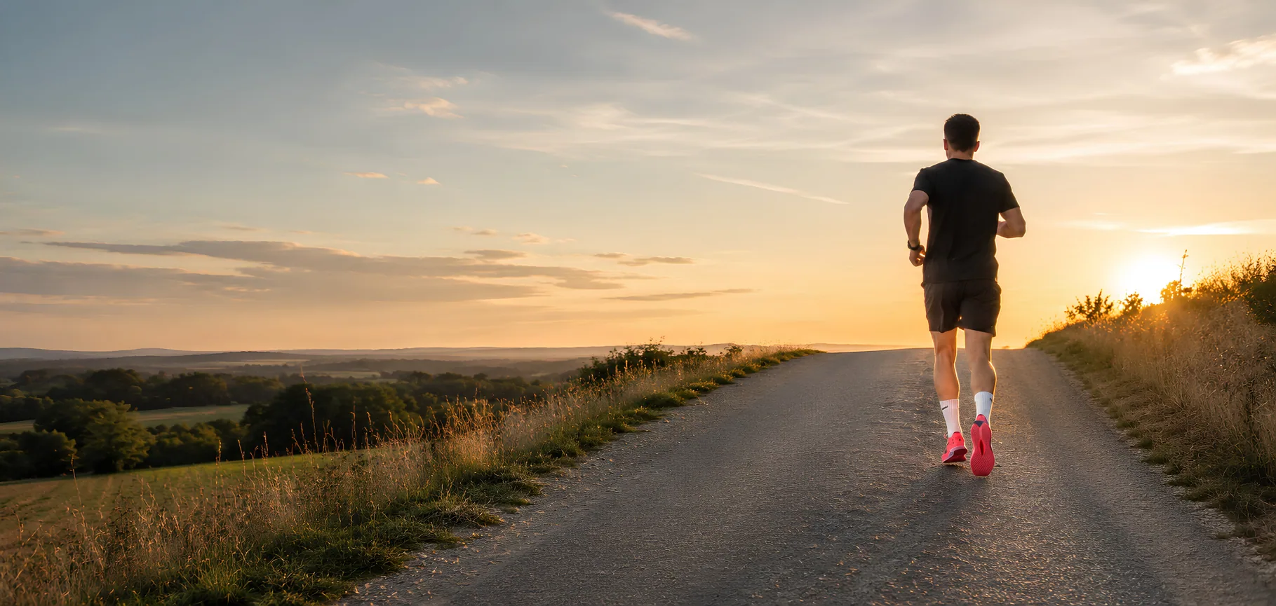 Coureur de dos sur une route de campagne au coucher du soleil