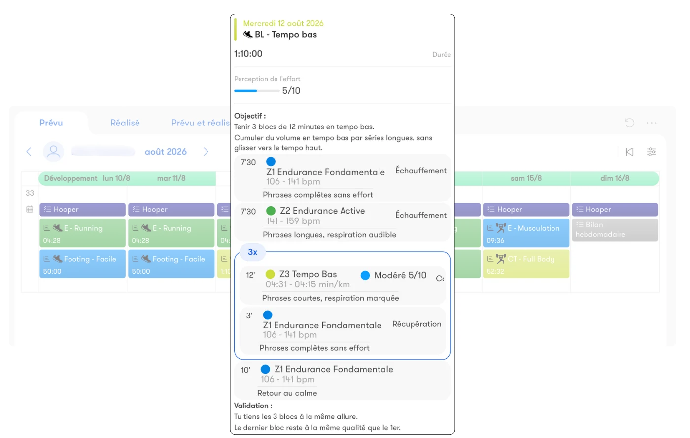 Détail de la programmation d’une séance