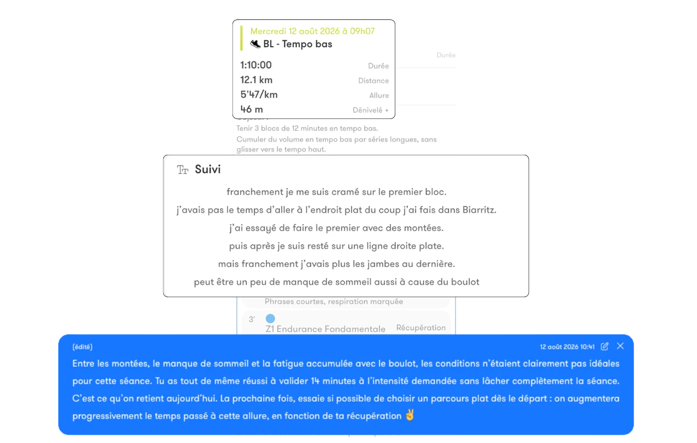 Données de la séance, ressenti et échange avec le coach