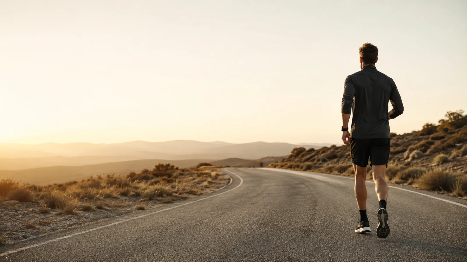 Coureur de dos sur une route de campagne au lever du soleil